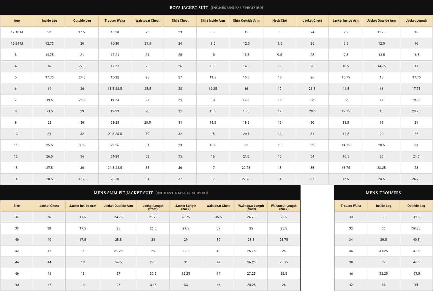 Father & Son Suit Size Guide