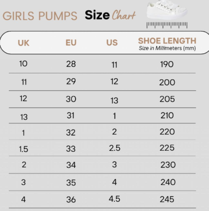 Girls Communion Trainers Size Guide