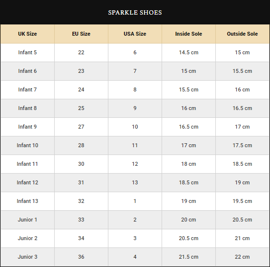 Girls Sparkle Shoes Size Guide