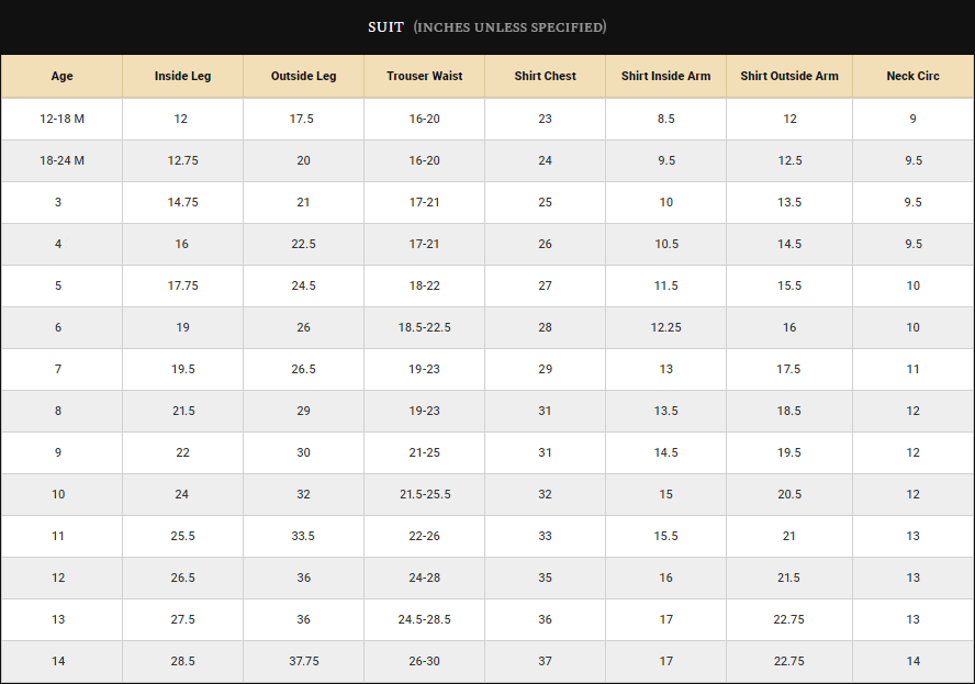 Boys Braces Suit Size Guide